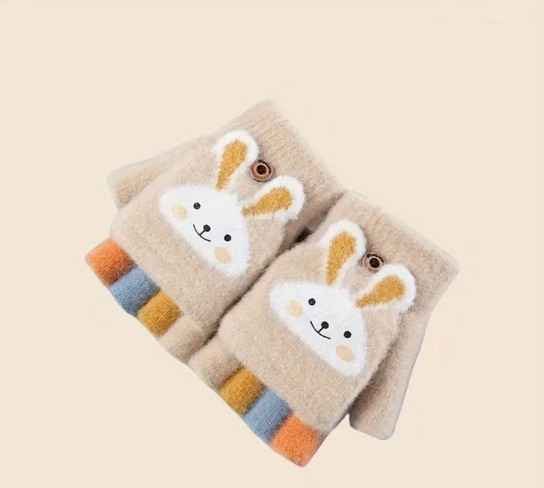 Cozy Cartoon Girls' Winter Gloves -Cold-Proof Flip Top Design for Writing