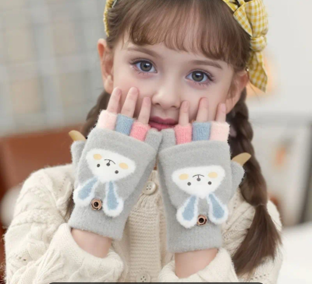Cozy Cartoon Girls' Winter Gloves -Cold-Proof Flip Top Design for Writing