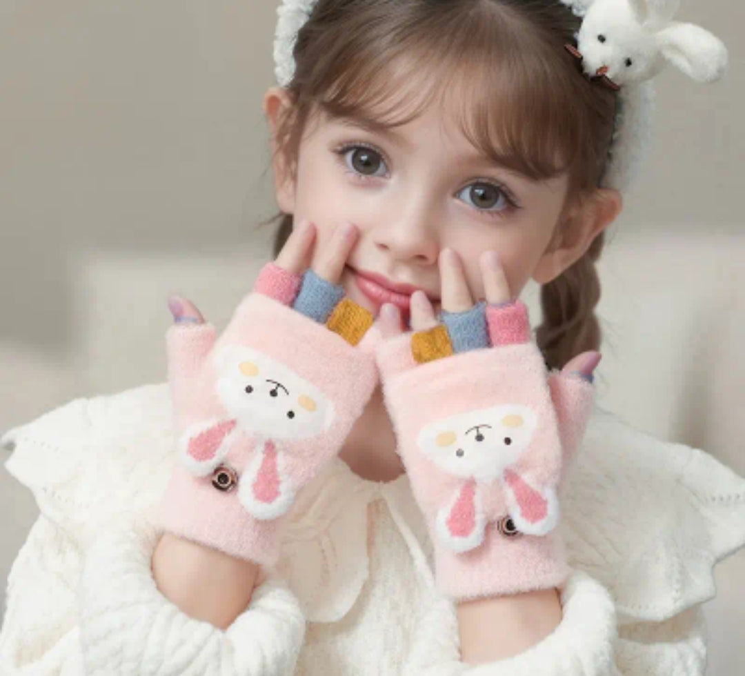 Cozy Cartoon Girls' Winter Gloves -Cold-Proof Flip Top Design for Writing