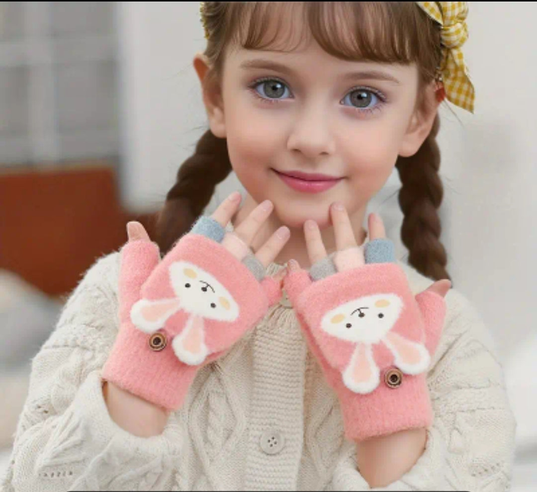Cozy Cartoon Girls' Winter Gloves -Cold-Proof Flip Top Design for Writing