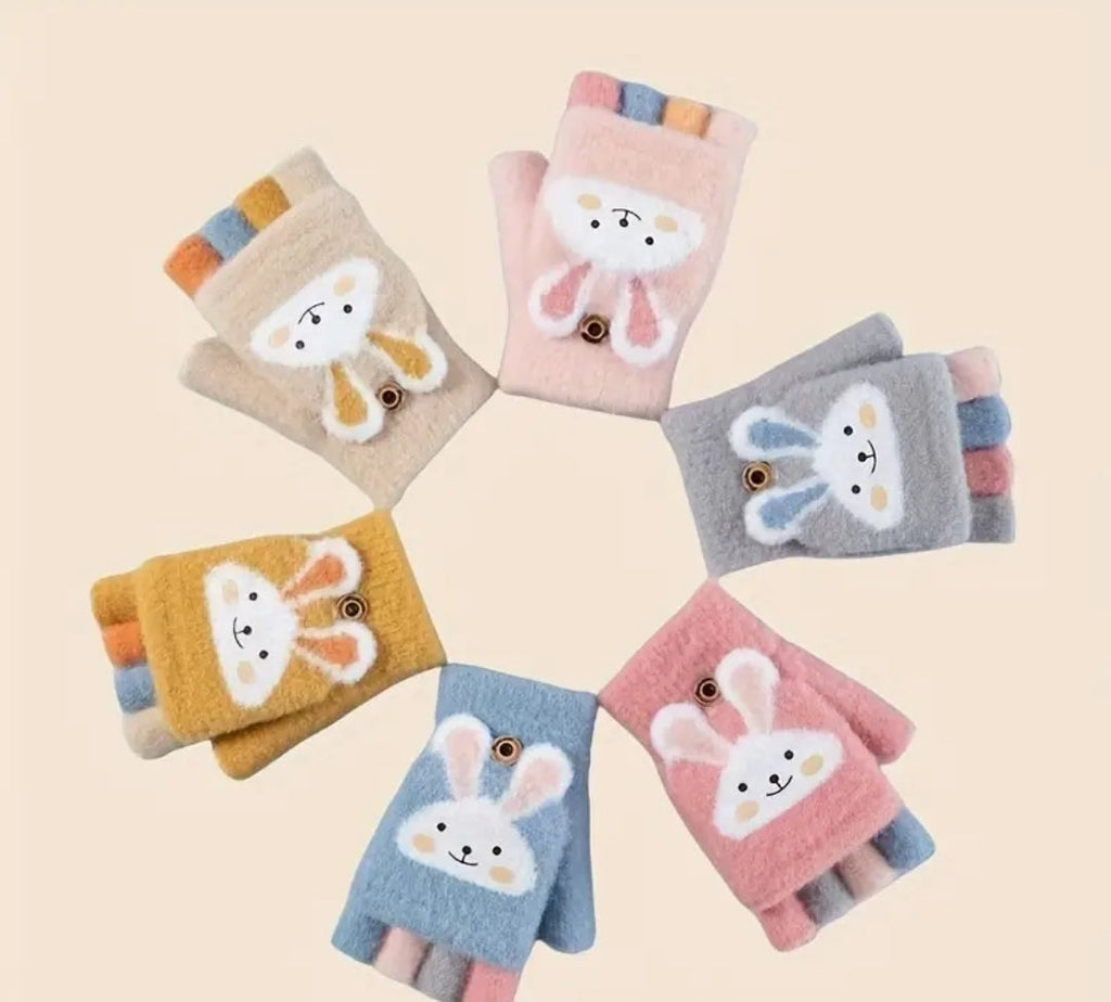1 pair,Cozy & Cute Cartoon Girls' Winter Gloves - Warm, Cold-Proof Flip Top Design for Writing