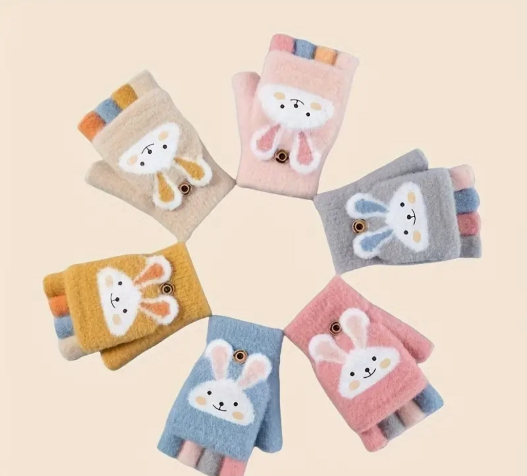 Cozy Cartoon Girls' Winter Gloves -Cold-Proof Flip Top Design for Writing