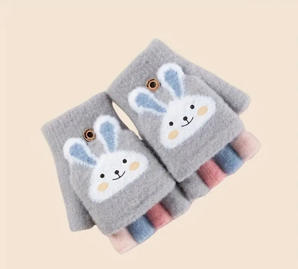 1 pair,Cozy & Cute Cartoon Girls' Winter Gloves - Warm, Cold-Proof Flip Top Design for Writing