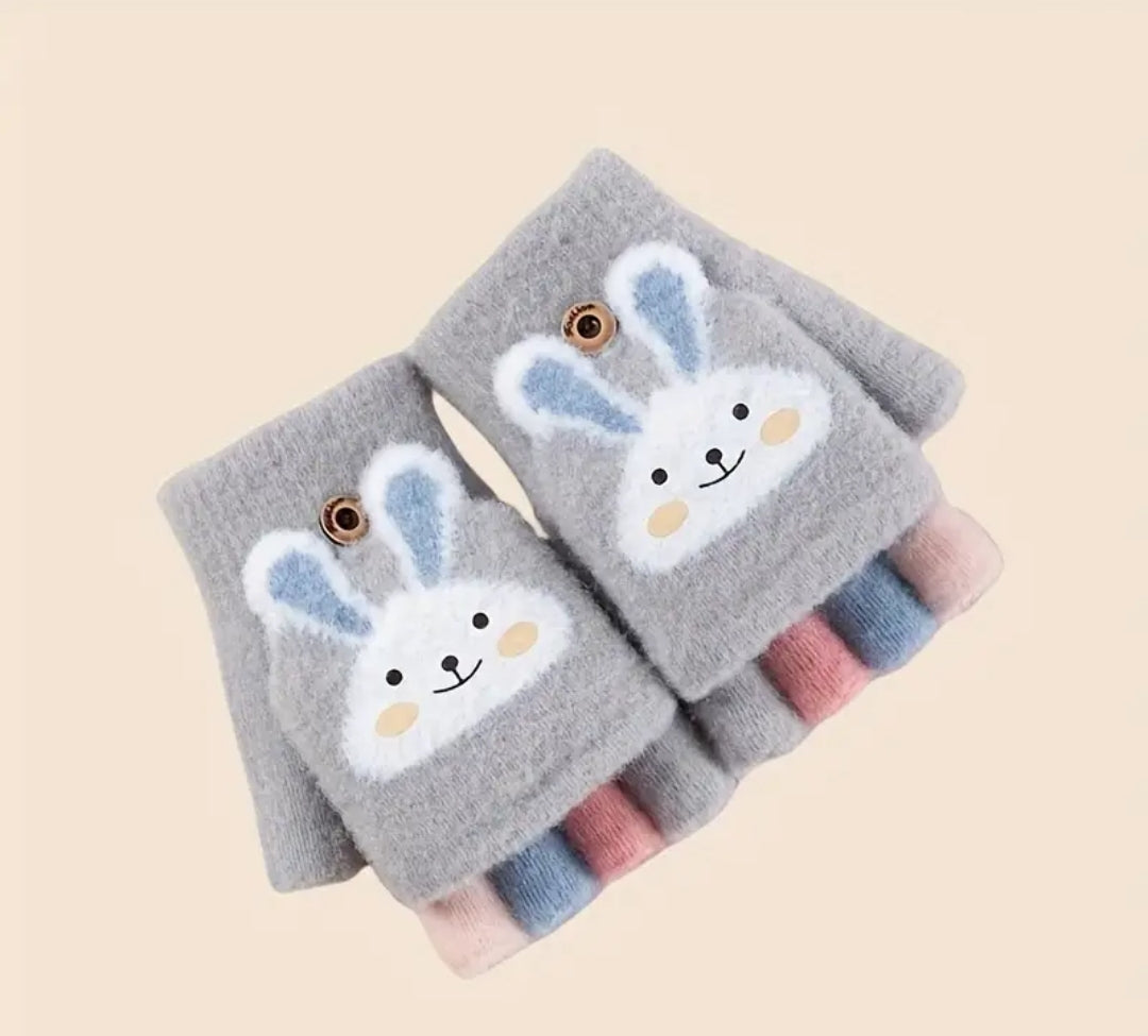 Cozy Cartoon Girls' Winter Gloves -Cold-Proof Flip Top Design for Writing