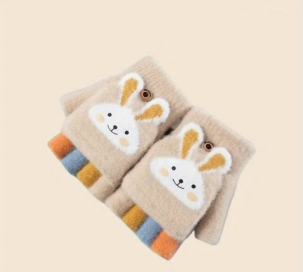 1 pair,Cozy & Cute Cartoon Girls' Winter Gloves - Warm, Cold-Proof Flip Top Design for Writing