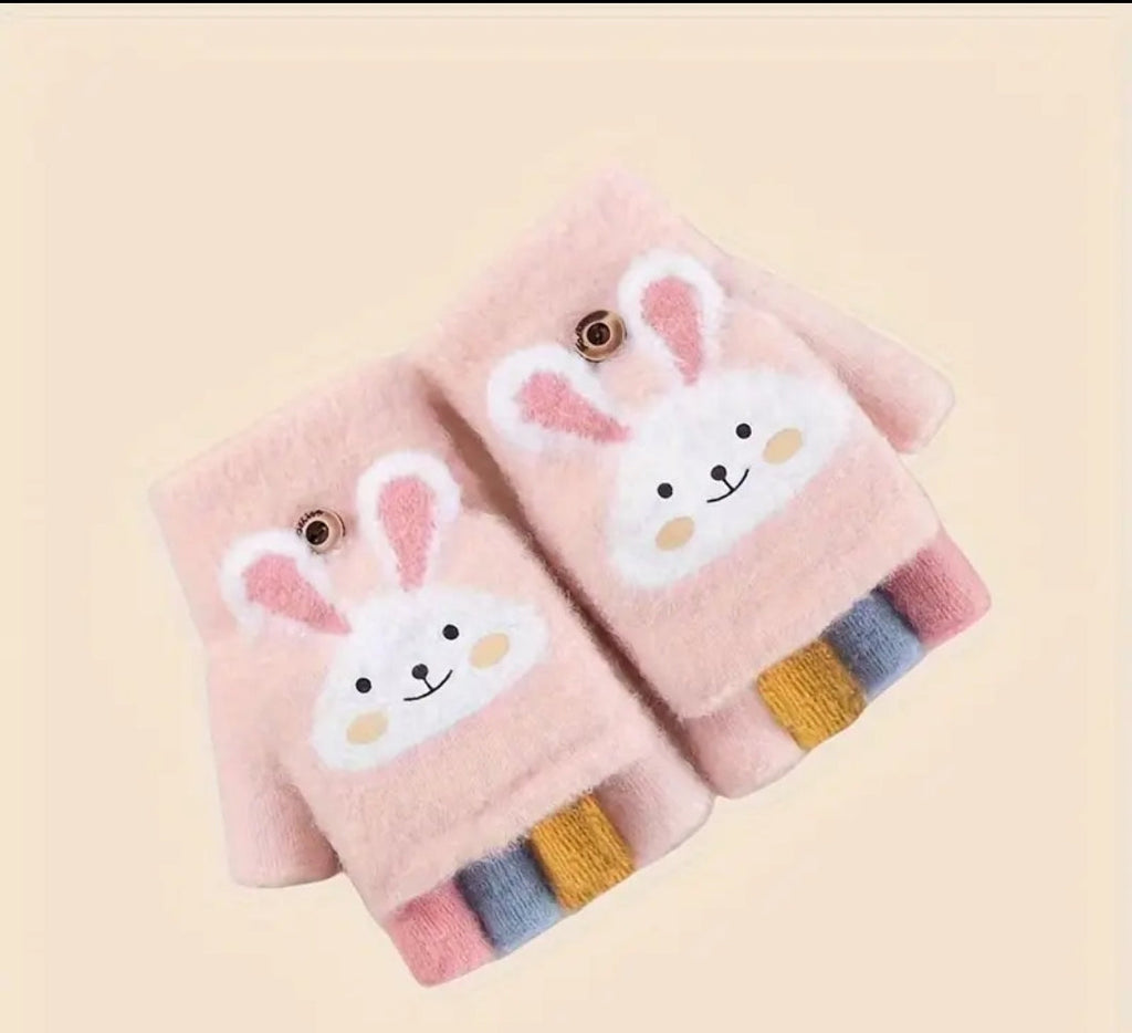 1 pair,Cozy & Cute Cartoon Girls' Winter Gloves - Warm, Cold-Proof Flip Top Design for Writing