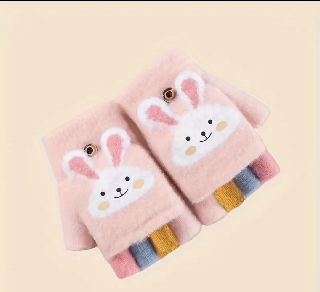 Cozy Cartoon Girls' Winter Gloves -Cold-Proof Flip Top Design for Writing