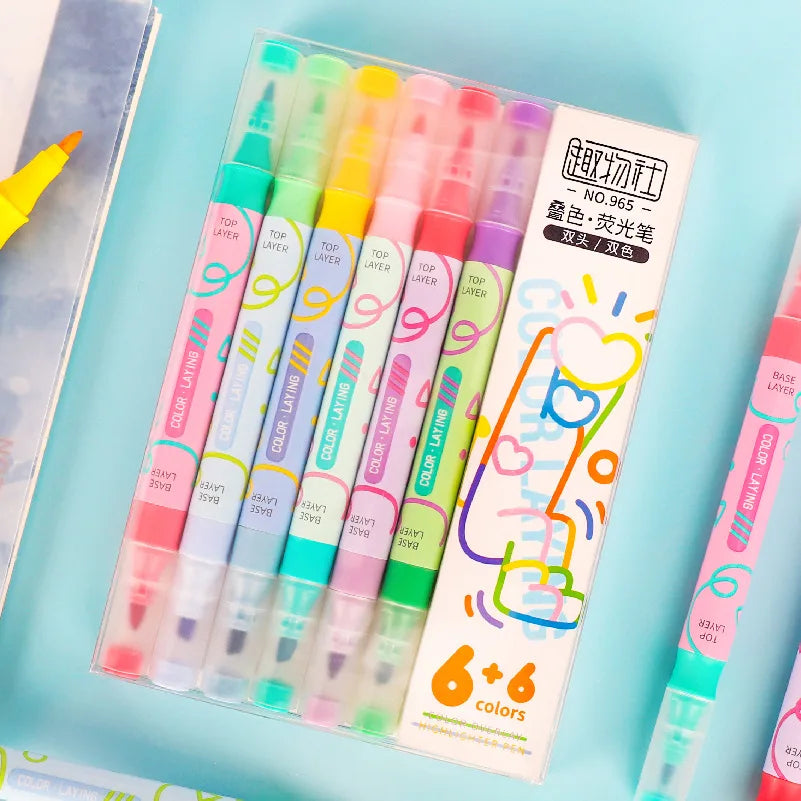 6 Pcs 12 Color Double-headed Highlighter Color Marker DIY Colors Stackable Highlighter Pens School Supplies Marker pens
