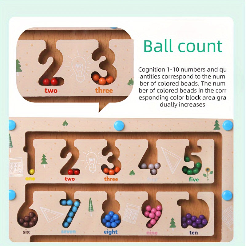 Educational Magnetic Pen Number Maze for Kids - Color Sorting, Counting Board with Rolling Ball Toy - Wooden Activity Game for Preschoolers