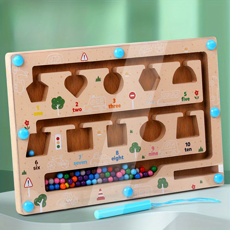 Educational Magnetic Pen Number Maze for Kids - Color Sorting, Counting Board with Rolling Ball Toy - Wooden Activity Game for Preschoolers
