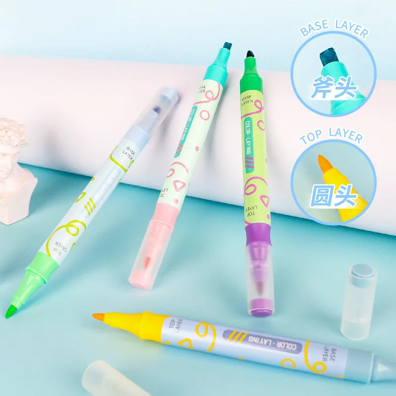 6 Pcs 12 Color Double-headed Highlighter Color Marker DIY Colors Stackable Highlighter Pens School Supplies Marker pens