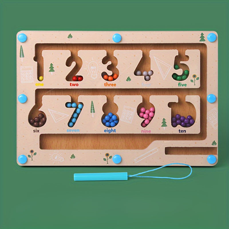Educational Magnetic Pen Number Maze for Kids - Color Sorting, Counting Board with Rolling Ball Toy - Wooden Activity Game for Preschoolers