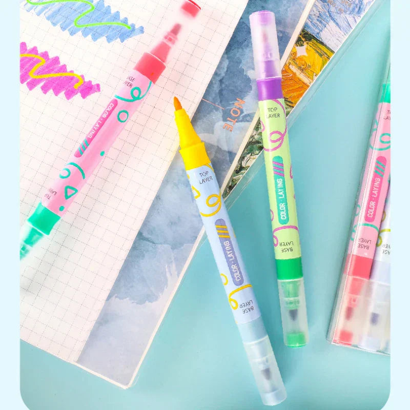 6 Pcs 12 Color Double-headed Highlighter Color Marker DIY Colors Stackable Highlighter Pens School Supplies Marker pens